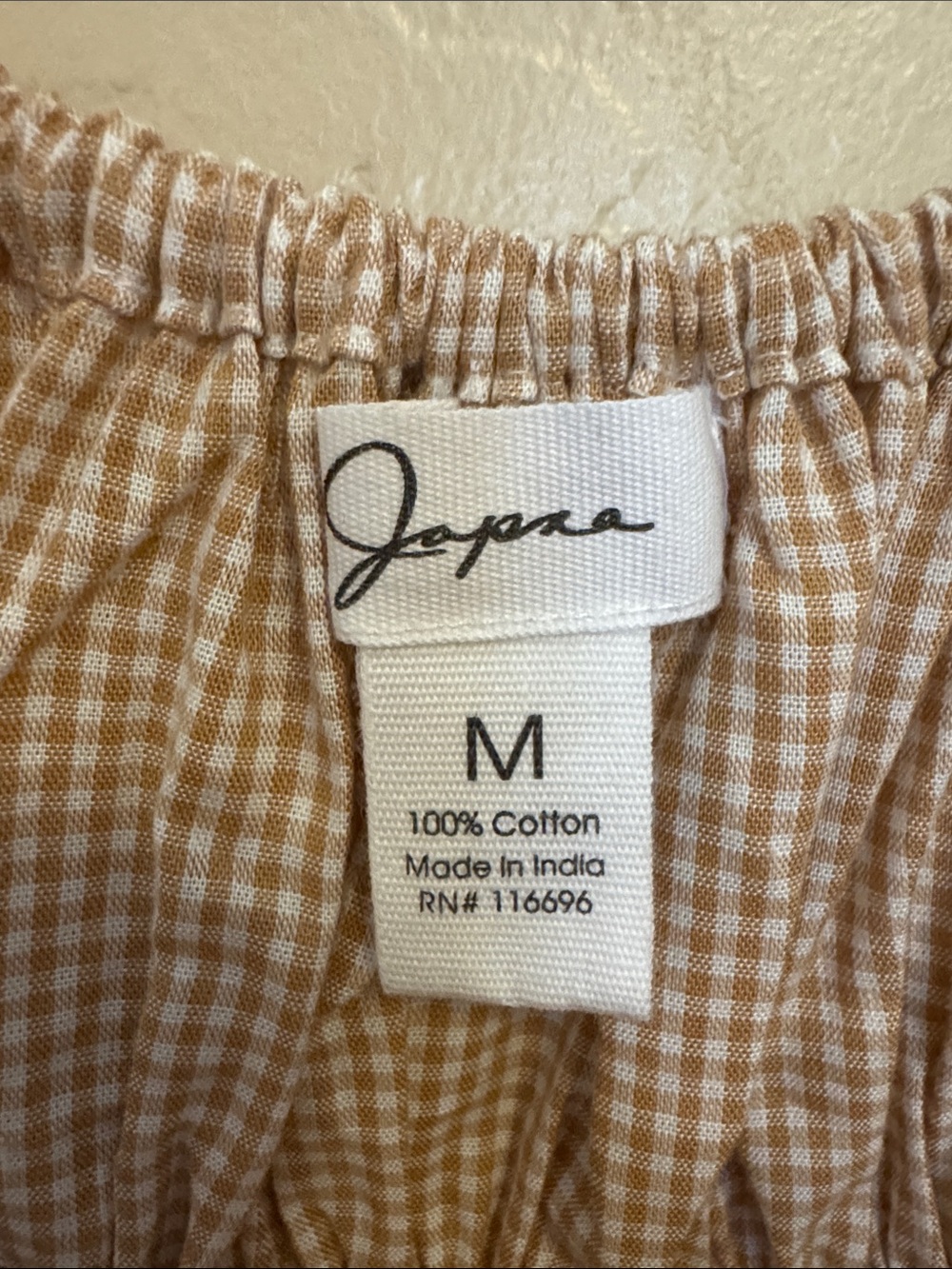 Japna Tan Gingham Puff Sleeve Smocked Crop Top - Picture 2 of 3